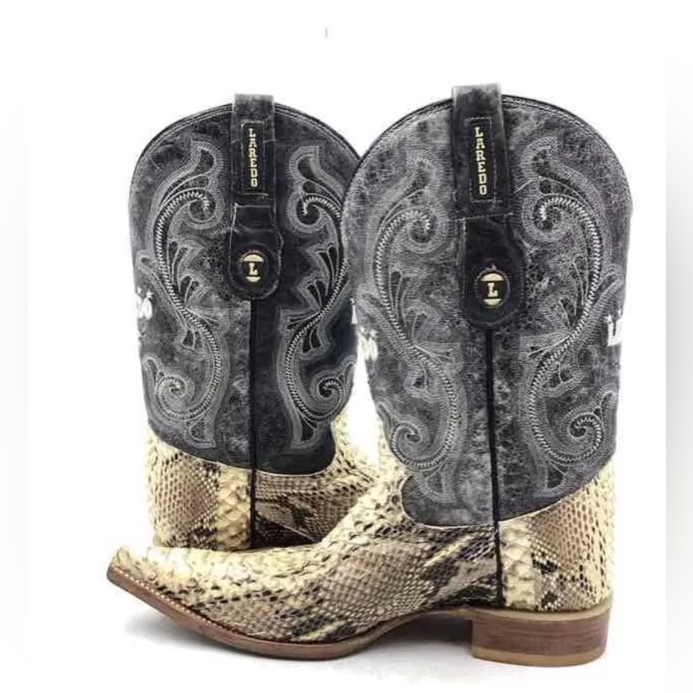 🚨🔥Laredo Ivory Gray Snake Skin Leather Pointed Toe Cowboy Western Boots Men Sz 7